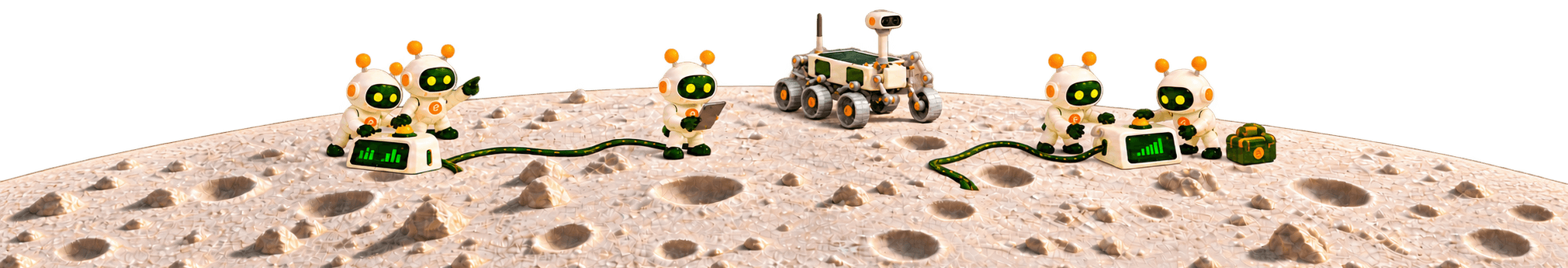ezyConneqt robot mascots on the moon working at graph consoles beside a six-wheeled lunar rover